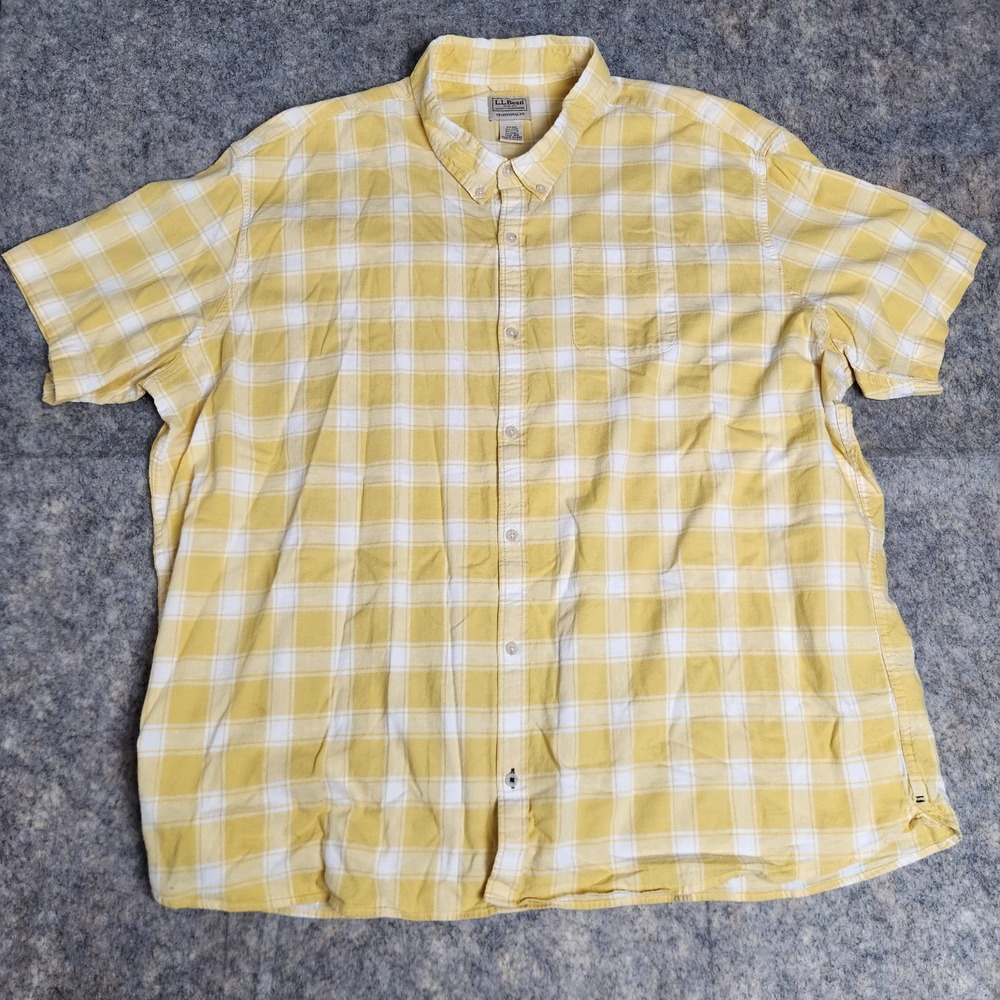 LL Bean Hemp Blend Shirt Men 3XL XXXL Yellow White Check Plaid Short Sleeve